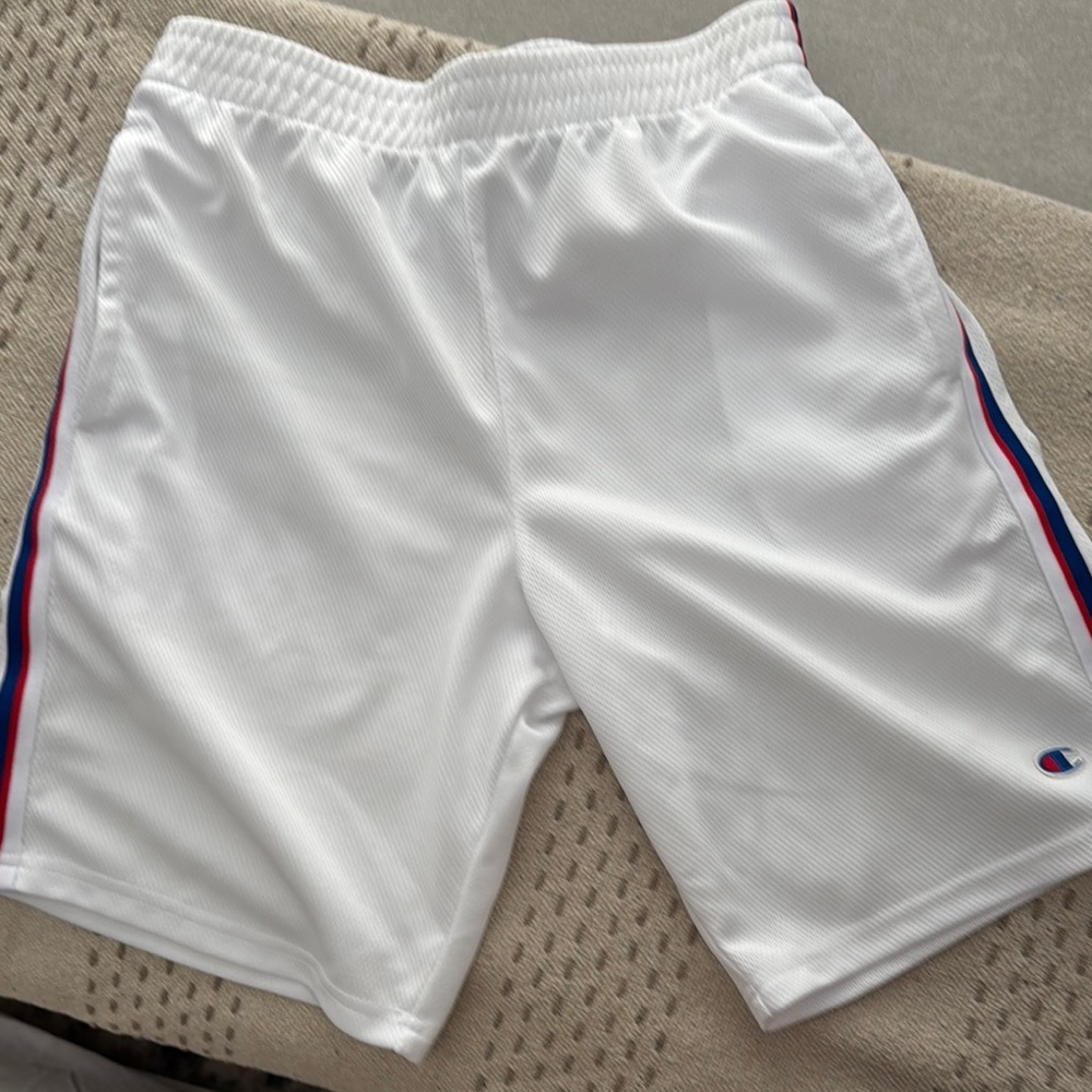 Champion White Athletic Boys Shorts with Blue and Red Accents